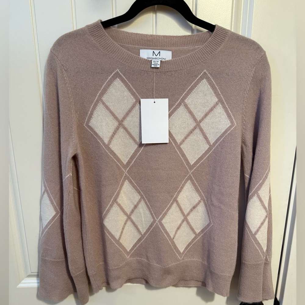 NEW Magaschoni Cashmere Argyle Crew Neck Sweater- Faded Taupe/Frosted White, XS